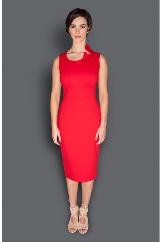 Red Asymmetric Neckline Fitted Dress