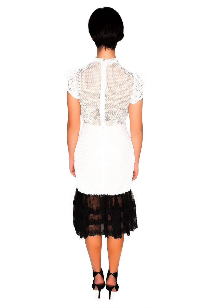 White Lace Dress With Black Trim Flounced Hem