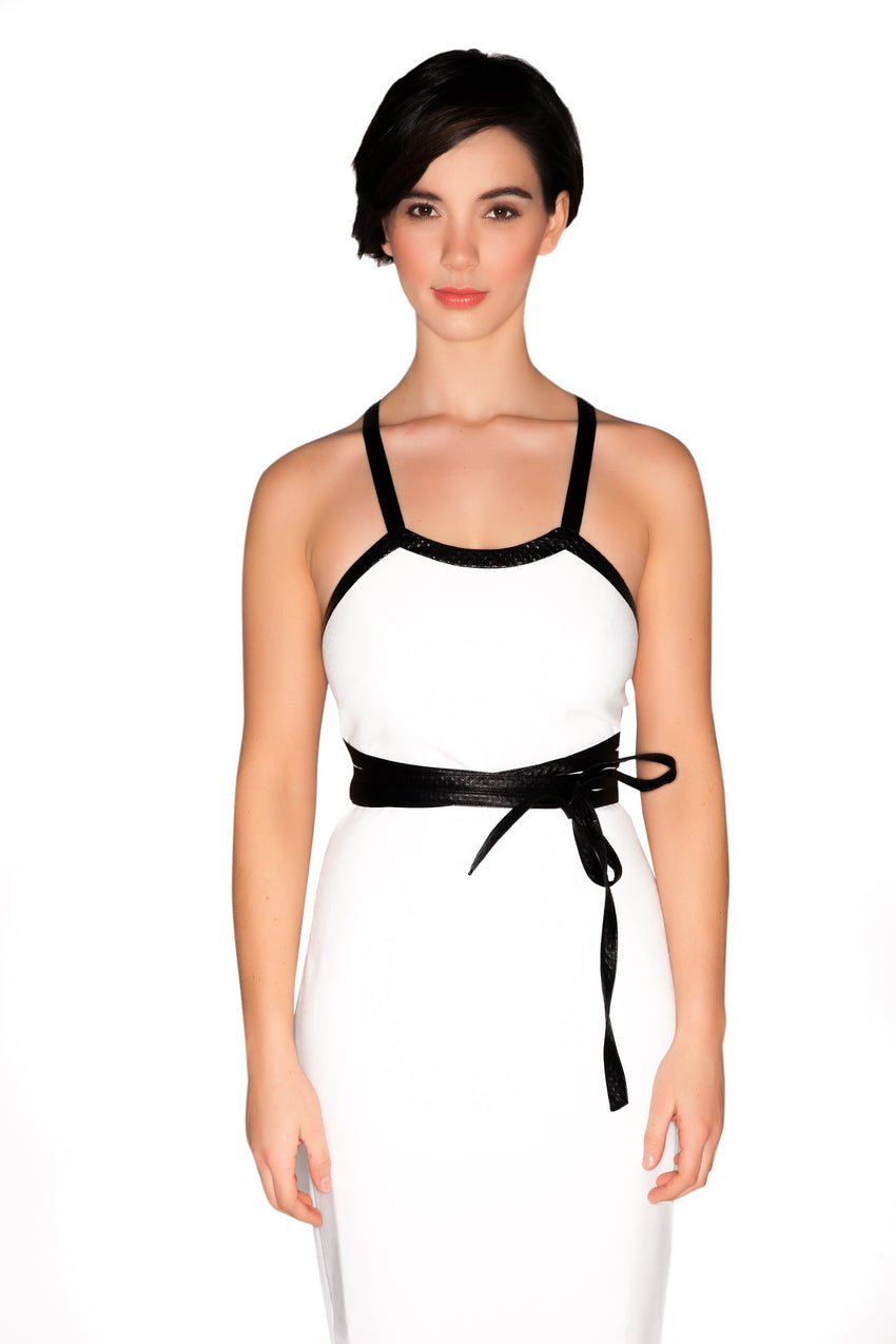 White & Black Wrap Around Belt Fitted Sheath Dress