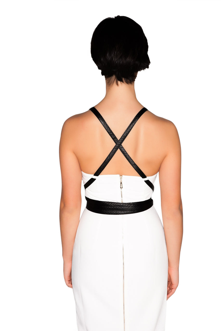 White & Black Wrap Around Belt Fitted Sheath Dress