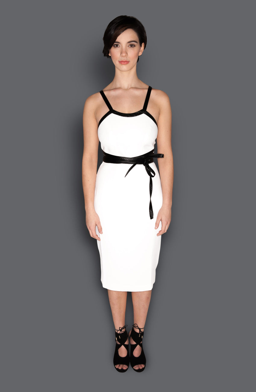 White & Black Wrap Around Belt Fitted Sheath Dress