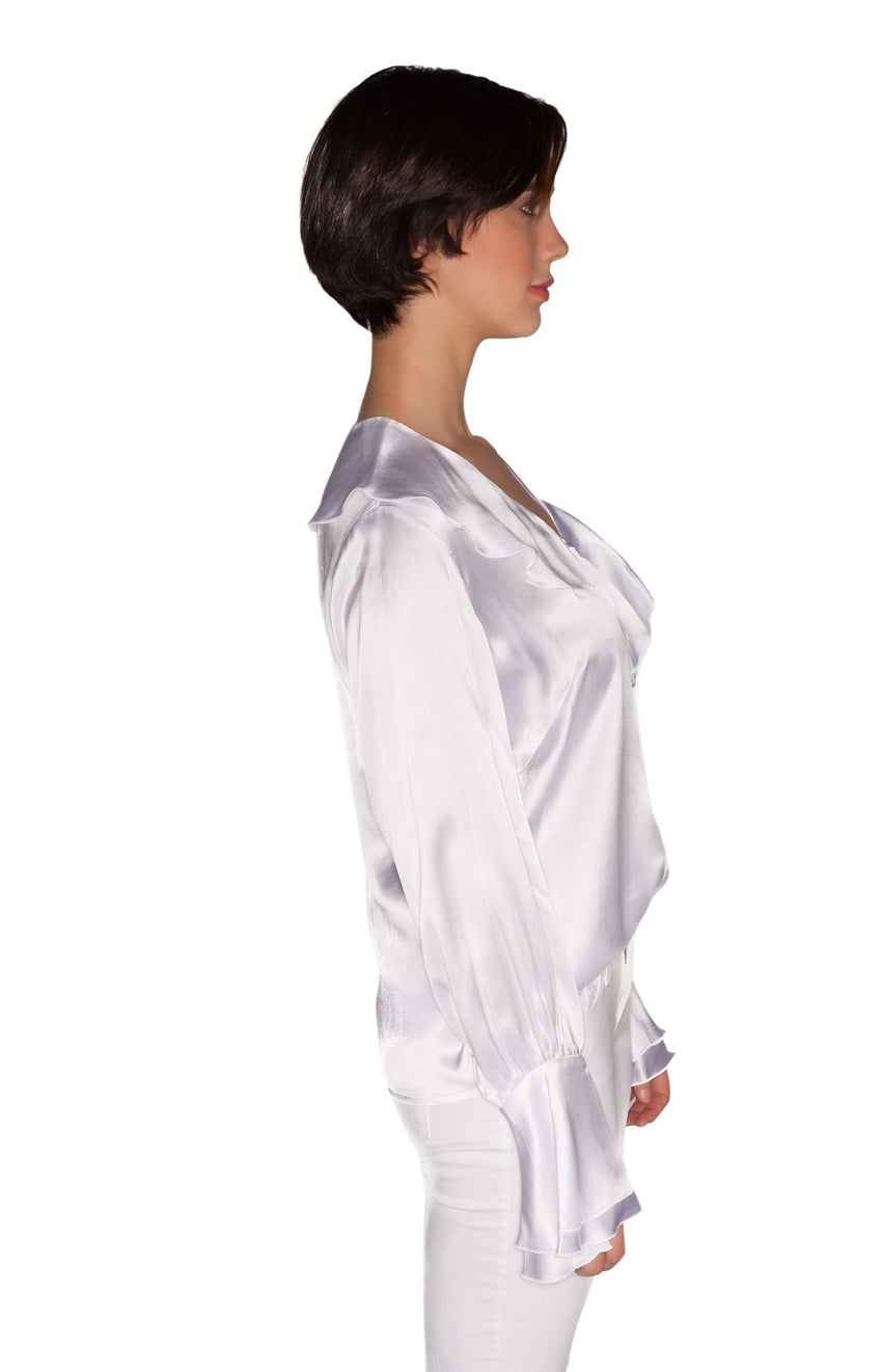 Silk Satin Long Sleeve Ruffled Top