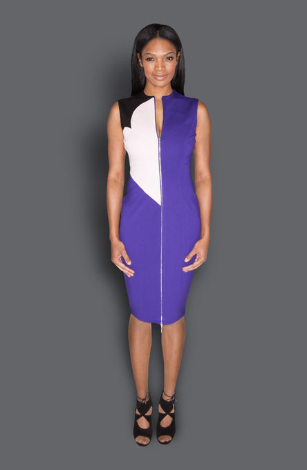 Sleeveless Front Zipper Color Blocked Fitted Sheath Dress