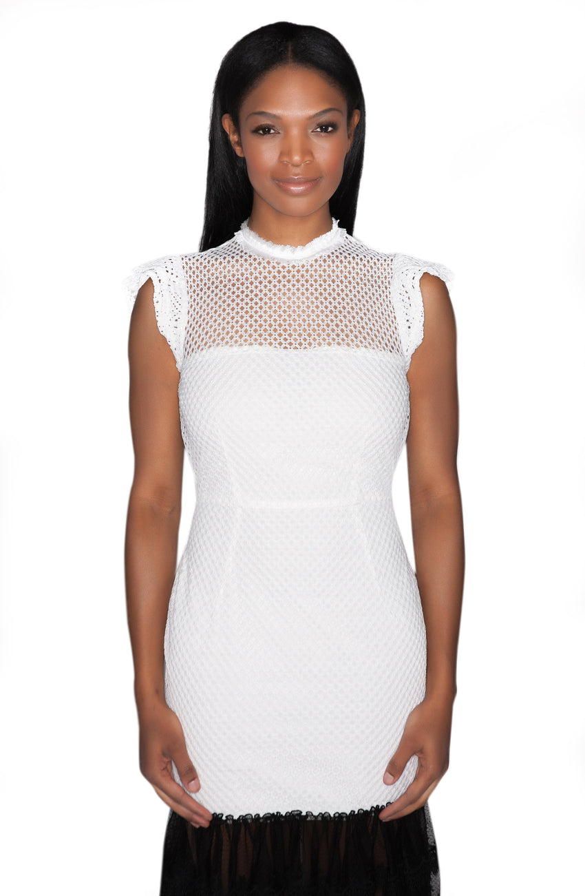 White Lace Dress With Black Trim Flounced Hem