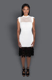 White Lace Dress With Black Trim Flounced Hem