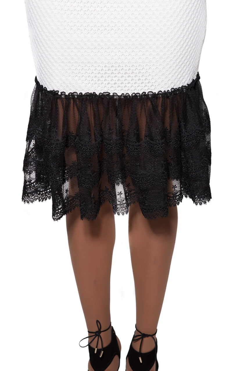 White Lace Dress With Black Trim Flounced Hem